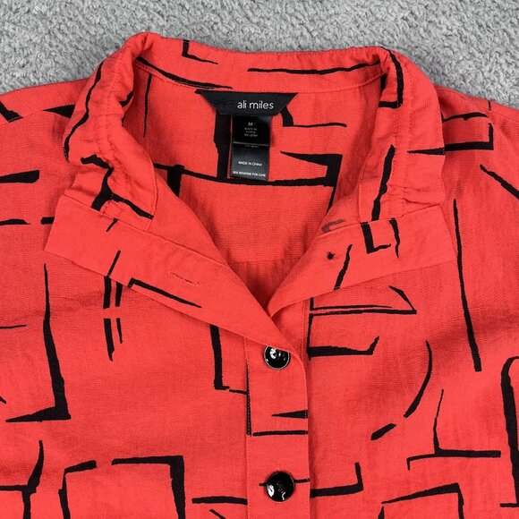 Ali Miles Artsy Long Sleeve Red & Black Button Down Bell Sleeve Top Sz Medium - Picture 7 of 7